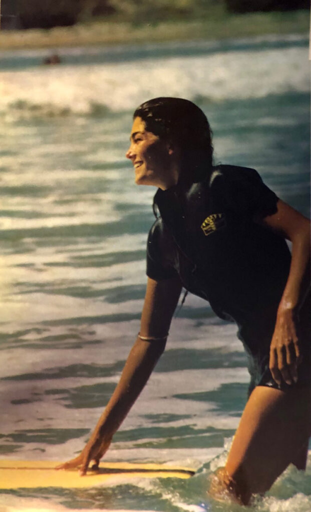 Minnie Cushing surfing at Bailey’s Beach, Newport, 1965.